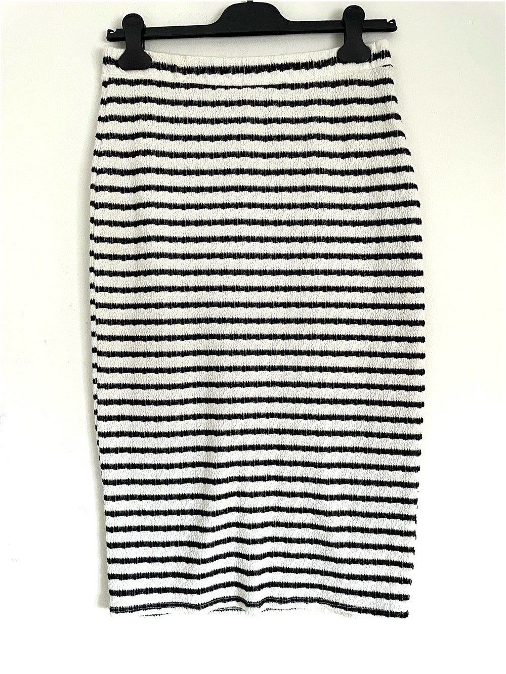 21 Saints Ponte Knit Midi Pencil Skirt in Black & White Stripe L EUC Capsule